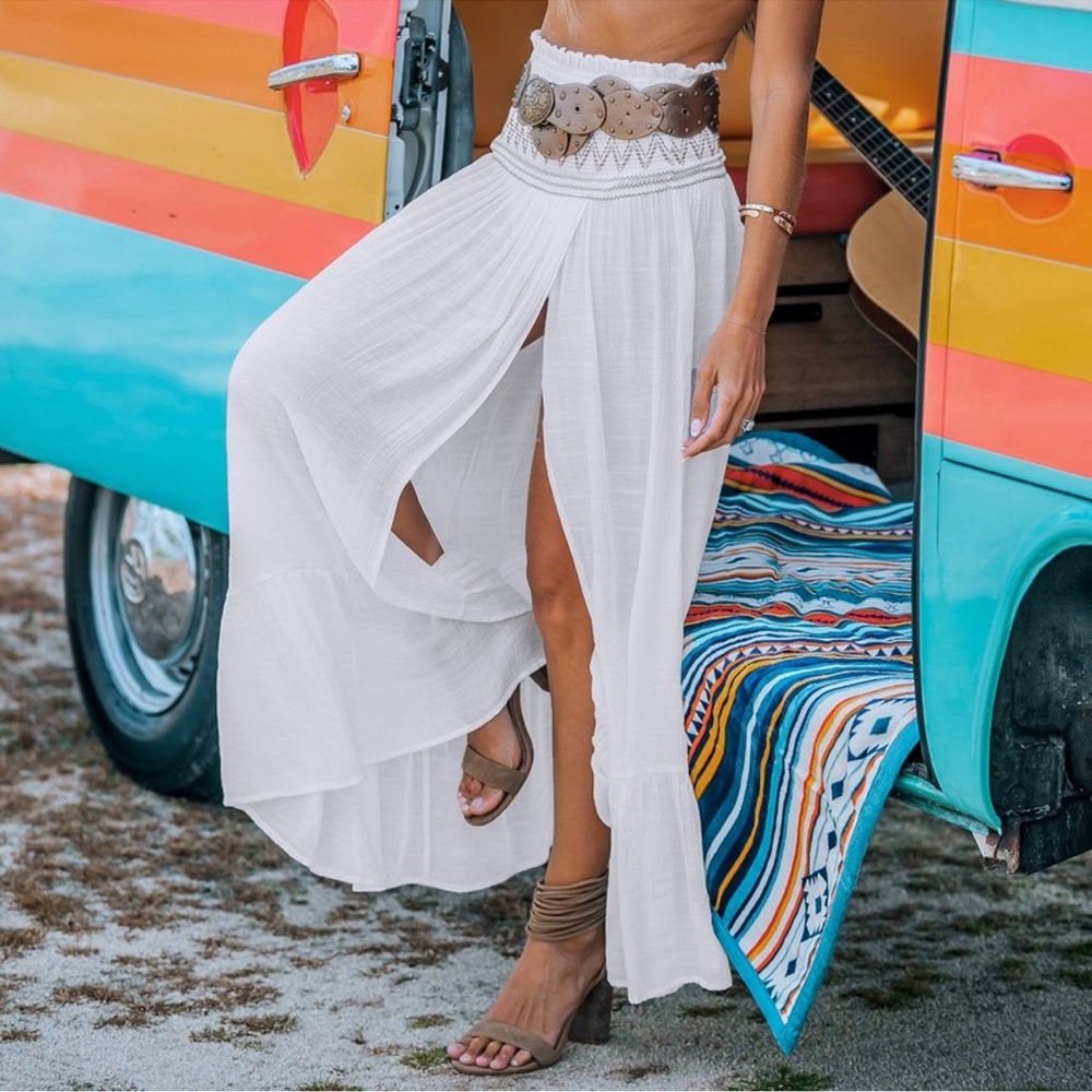 Women's White Smocked Waist Flounce Hem Cover-Up Maxi Skirt - Cupshe-S-White - Picture 2 of 7